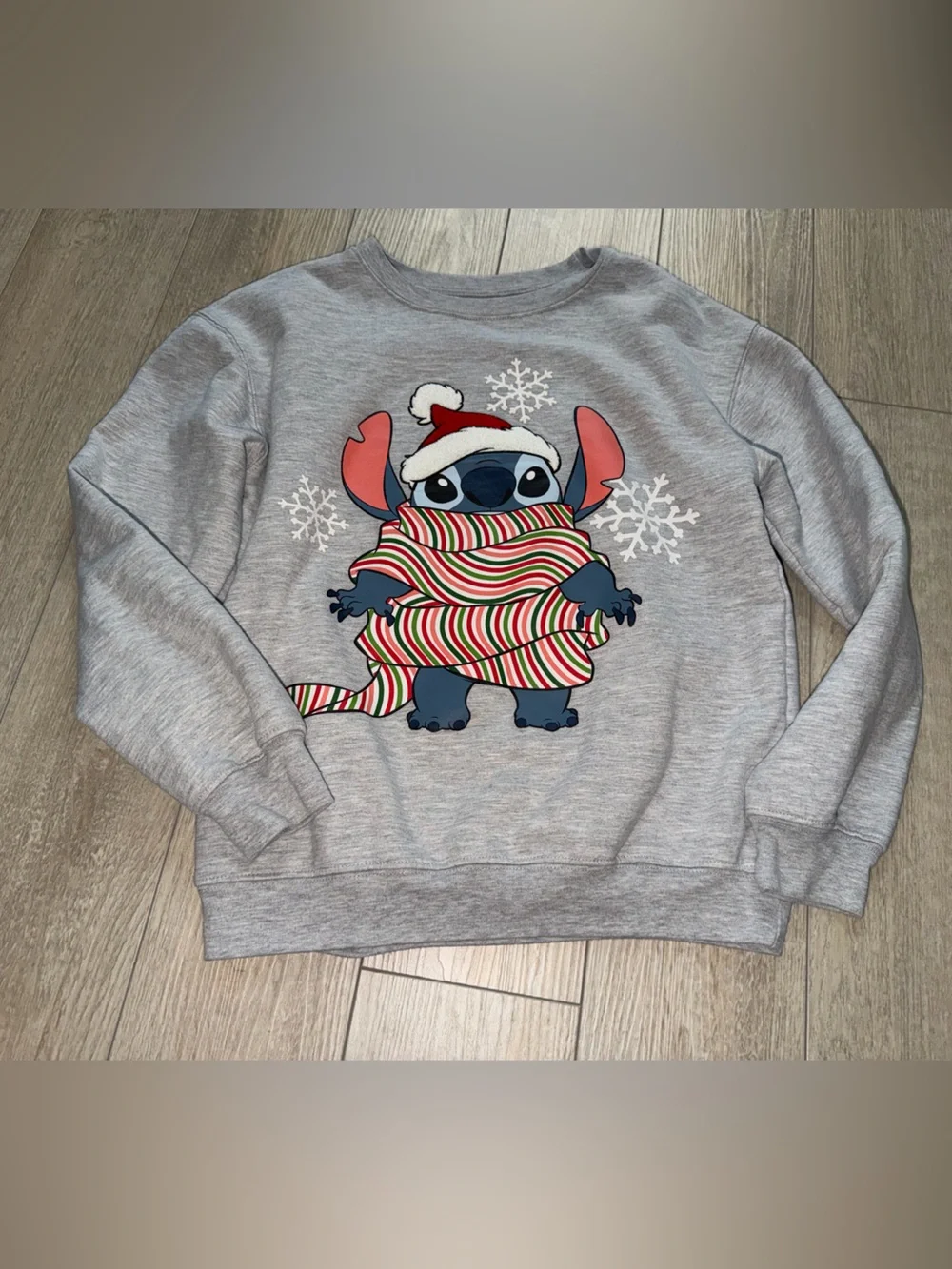 Disney Gray Sweatshirt with Stitch in Red & Green Holiday Stripes